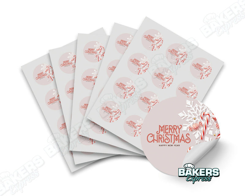 Merry Christmas Candy Cane Themed Round Digital 2" Colored Stickers (5 Sheets)
