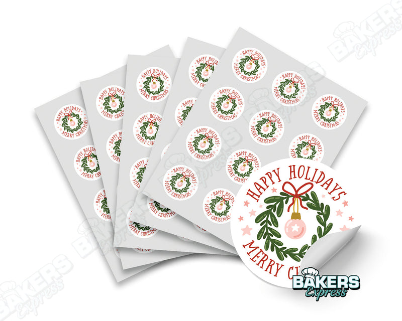 Happy Holidays Merry Christmas Themed Round Digital 2" Colored Stickers (5 Sheets)