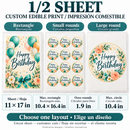Half sheet custom edible print: 11 x 17 inch uncut sheet; rectangular print up to 10.4 x 16.4 inches, 1.9 inch Oreo rounds, or round print up to 10.4 inches. Illustrative designs; customer cuts.