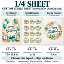 Quarter sheet custom edible print: 8.5 x 11 inch uncut sheet; rectangular print up to 7.9 x 10.4 inches, 1.9 inch Oreo rounds, or round print up to 7.9 inches. Illustrative designs; customer cuts.