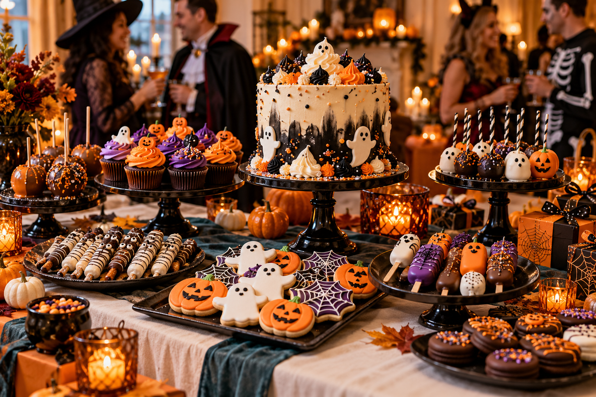 Halloween treat-table inspiration with decorated cake, cupcakes, cookies and dipped treats at a costume party
