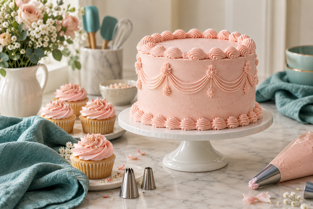 A blush buttercream cake with cupcakes, piping tools and teal linen