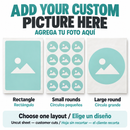 Add your custom picture here. Rectangle, small rounds for Oreos, or a large round print. Choose one layout; sheets are uncut and customers cut them. English and Spanish.
